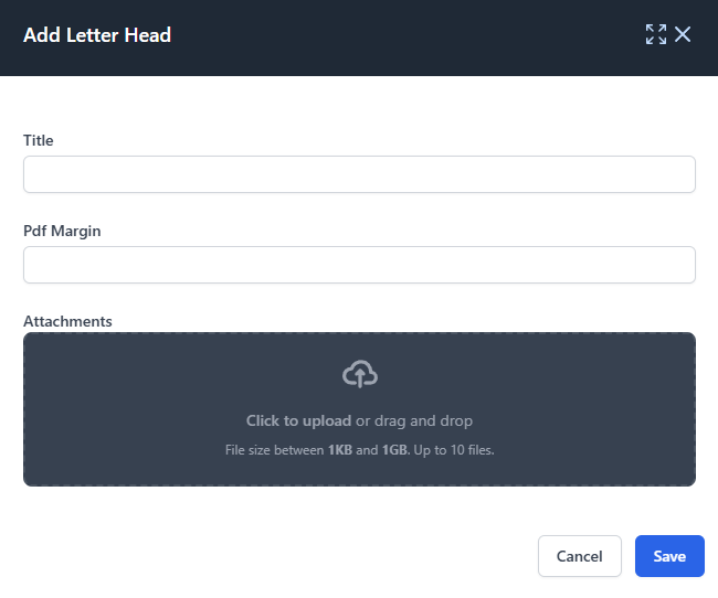 Add Letter Head slide-over panel